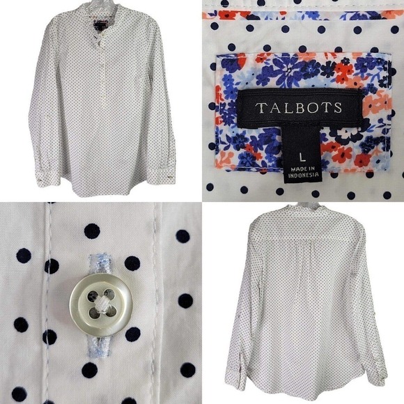 Talbots Button Down Shirt White Polka Dot LS Cotton Collared Womens Size Large - Picture 1 of 9